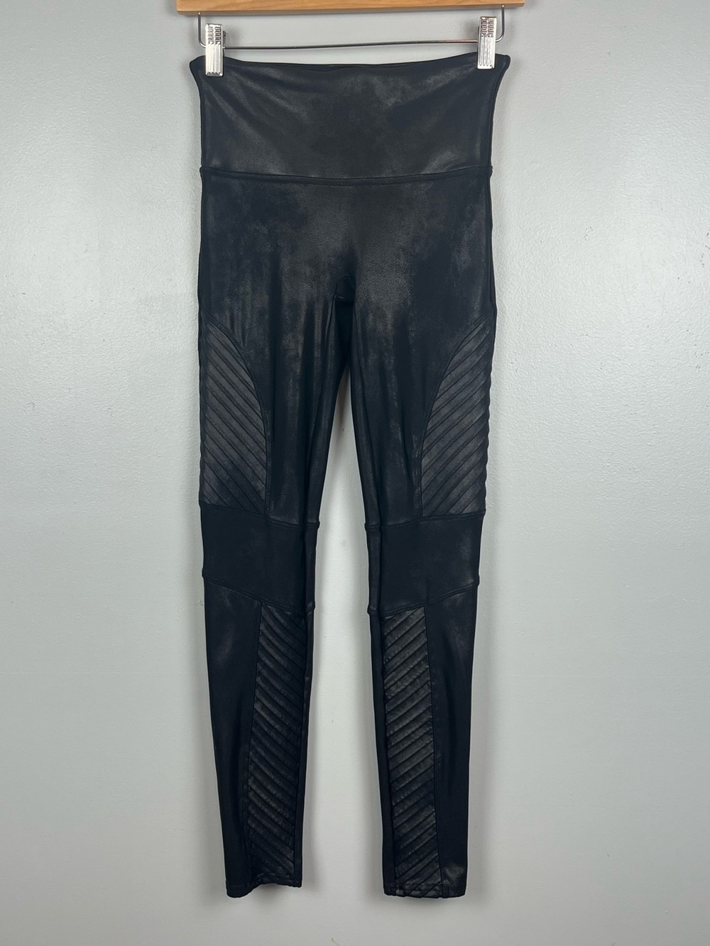 Spanx black shiny faux leather moto style leggings, medium.
